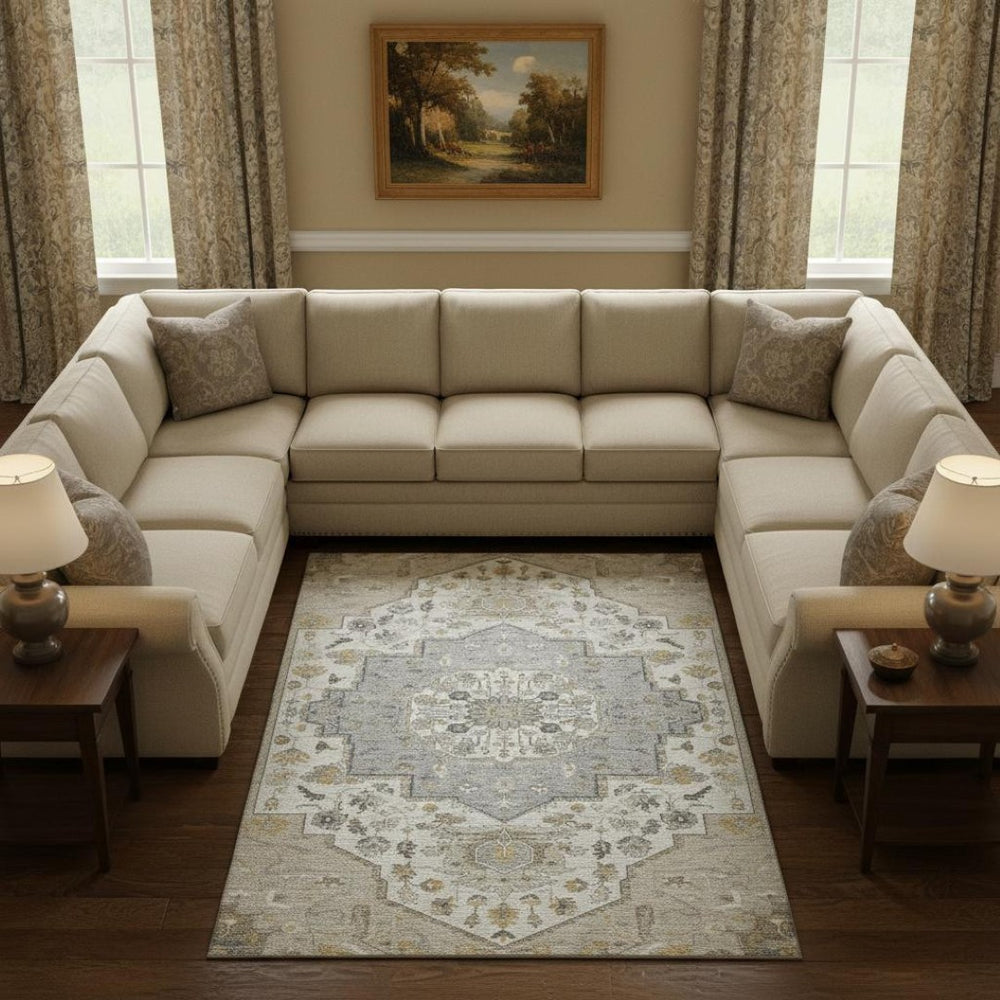 HomeRoots 9' X 12' Beige Ivory & Gold Oriental Area Rug - Washable, UV Protected, Stain Resistant, Durable Design 677746