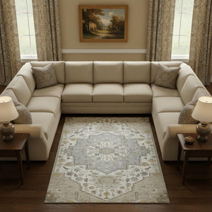 HomeRoots 9' X 12' Beige Ivory & Gold Oriental Area Rug - Washable, UV Protected, Stain Resistant, Durable Design 677746