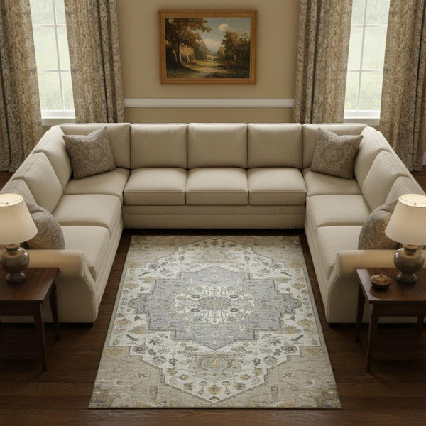 HomeRoots 9' X 12' Beige Ivory & Gold Oriental Area Rug - Washable, UV Protected, Stain Resistant, Durable Design 677746