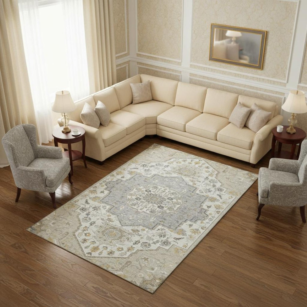 HomeRoots 10' X 14' Elegant Beige, Ivory & Gold Oriental Washable Area Rug with UV Protection for Homes 677747