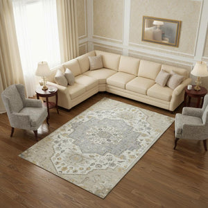 HomeRoots 10' X 14' Elegant Beige, Ivory & Gold Oriental Washable Area Rug with UV Protection for Homes 677747