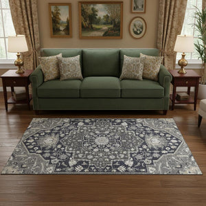 HomeRoots 5' X 8' Elegant Black Gray Beige Oriental Washable Area Rug with UV Protection for Busy Homes 677749