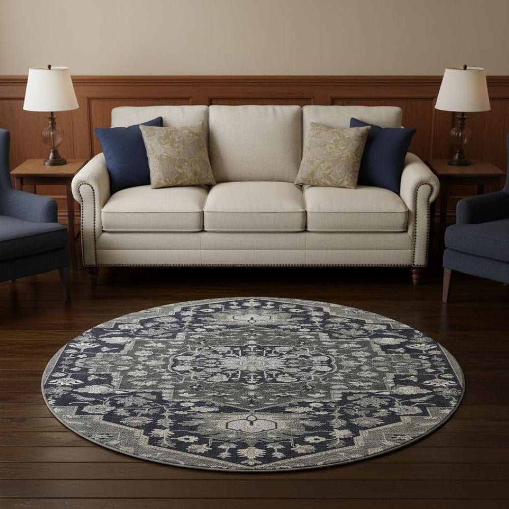 HomeRoots 8' Elegant Black Gray Beige Oriental Washable Round Rug - UV Protection, Stain Resistant & Durable 677750