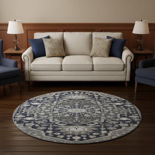 HomeRoots 8' Elegant Black Gray Beige Oriental Washable Round Rug - UV Protection, Stain Resistant & Durable 677750
