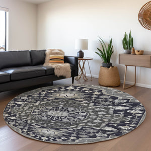 HomeRoots 8' Elegant Black Gray Beige Oriental Washable Round Rug - UV Protection, Stain Resistant & Durable 677750