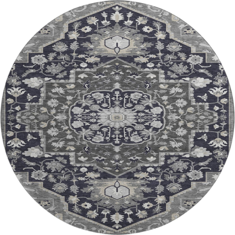 HomeRoots 8' Elegant Black Gray Beige Oriental Washable Round Rug - UV Protection, Stain Resistant & Durable 677750