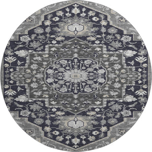 HomeRoots 8' Elegant Black Gray Beige Oriental Washable Round Rug - UV Protection, Stain Resistant & Durable 677750