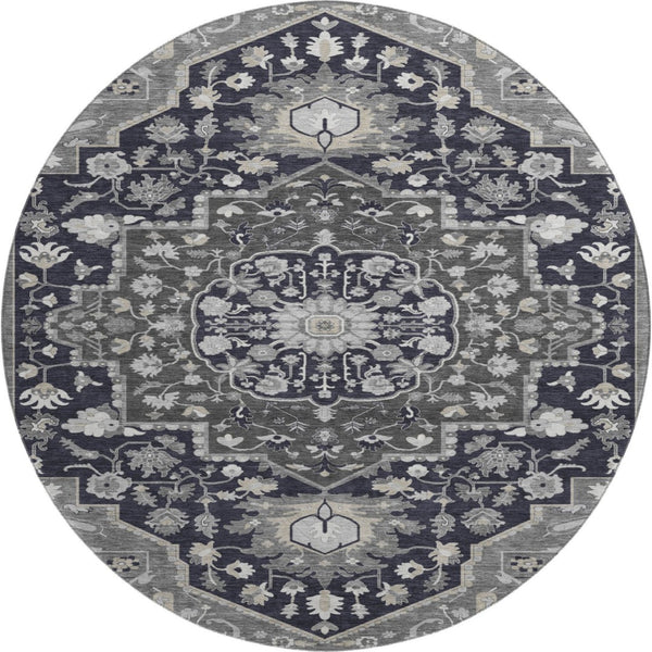 HomeRoots 8' Elegant Black Gray Beige Oriental Washable Round Rug - UV Protection, Stain Resistant & Durable 677750