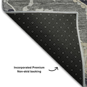 HomeRoots 8' Elegant Black Gray Beige Oriental Washable Round Rug - UV Protection, Stain Resistant & Durable 677750
