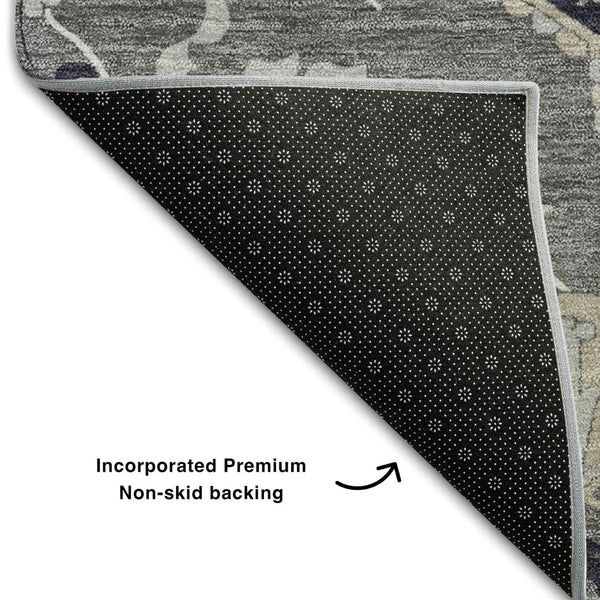HomeRoots 8' Elegant Black Gray Beige Oriental Washable Round Rug - UV Protection, Stain Resistant & Durable 677750