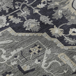 HomeRoots 8' Elegant Black Gray Beige Oriental Washable Round Rug - UV Protection, Stain Resistant & Durable 677750