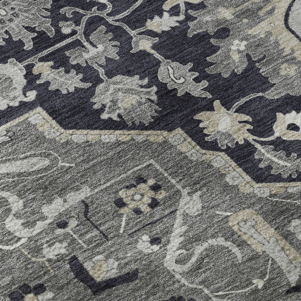 HomeRoots 8' Elegant Black Gray Beige Oriental Washable Round Rug - UV Protection, Stain Resistant & Durable 677750