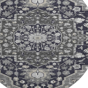 HomeRoots 8' Elegant Black Gray Beige Oriental Washable Round Rug - UV Protection, Stain Resistant & Durable 677750