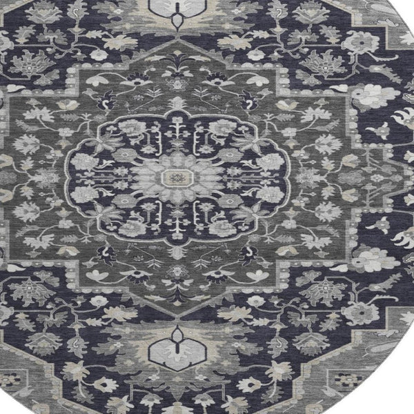 HomeRoots 8' Elegant Black Gray Beige Oriental Washable Round Rug - UV Protection, Stain Resistant & Durable 677750