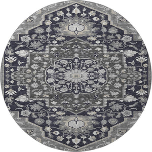 HomeRoots 8' Elegant Black Gray Beige Oriental Washable Round Rug - UV Protection, Stain Resistant & Durable 677750