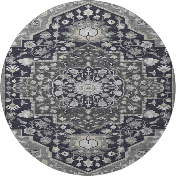 HomeRoots 8' Elegant Black Gray Beige Oriental Washable Round Rug - UV Protection, Stain Resistant & Durable 677750