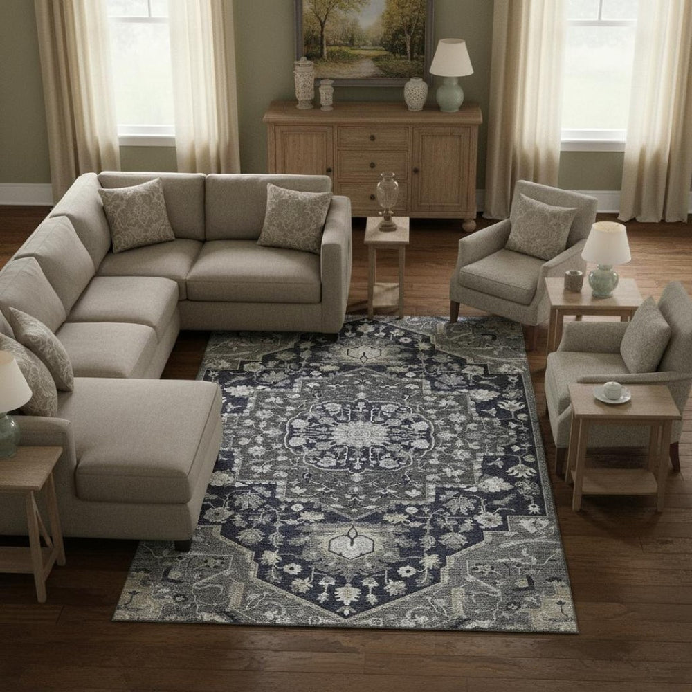HomeRoots 8' X 10' Oriental Washable Area Rug in Elegant Black, Gray & Beige - UV Protected & Family-Friendly 677751