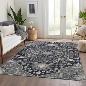 HomeRoots 8' X 10' Oriental Washable Area Rug in Elegant Black, Gray & Beige - UV Protected & Family-Friendly 677751