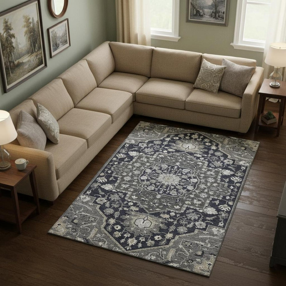 HomeRoots 9' X 12' Black Gray Beige Oriental Area Rug - Washable, Durable, UV-Protected for Busy Homes 677752
