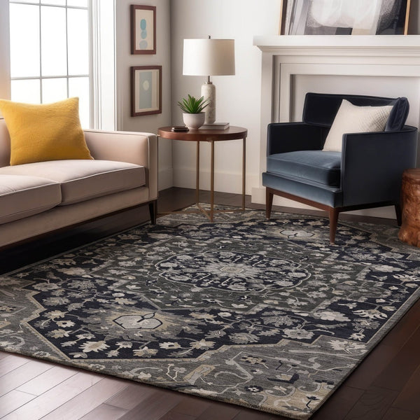 HomeRoots 9' X 12' Black Gray Beige Oriental Area Rug - Washable, Durable, UV-Protected for Busy Homes 677752