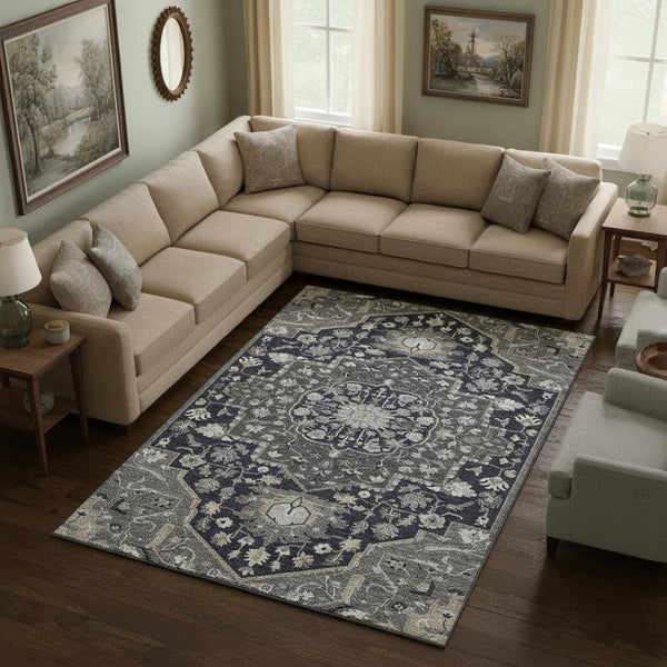 HomeRoots 10' Washable Black Gray Beige Oriental Area Rug with UV Protection - Durable, Stylish & Family-Friendly 677753