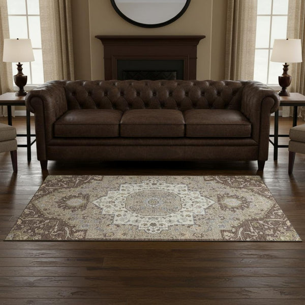 HomeRoots 5' X 8' Chocolate Ivory Taupe Oriental Area Rug - Durable, Stain Resistant, UV Protected & Non-Slip 677755