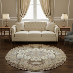 HomeRoots 8' Round Chocolate Ivory Taupe Oriental Washable Rug - Durable, Stain-Resistant, UV Protected Elegance 677756