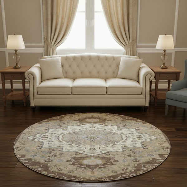 HomeRoots 8' Round Chocolate Ivory Taupe Oriental Washable Rug - Durable, Stain-Resistant, UV Protected Elegance 677756