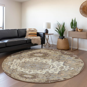 HomeRoots 8' Round Chocolate Ivory Taupe Oriental Washable Rug - Durable, Stain-Resistant, UV Protected Elegance 677756