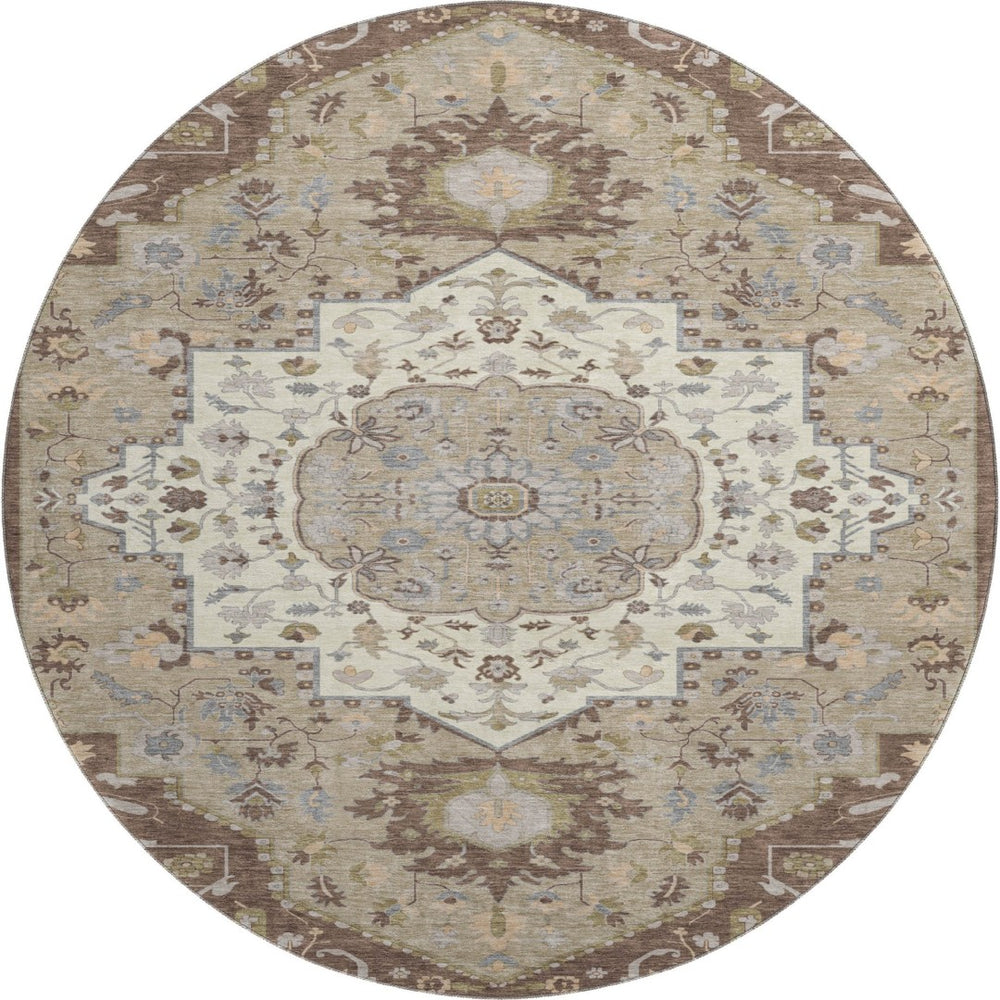 HomeRoots 8' Round Chocolate Ivory Taupe Oriental Washable Rug - Durable, Stain-Resistant, UV Protected Elegance 677756
