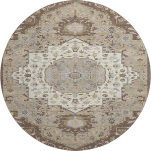 HomeRoots 8' Round Chocolate Ivory Taupe Oriental Washable Rug - Durable, Stain-Resistant, UV Protected Elegance 677756
