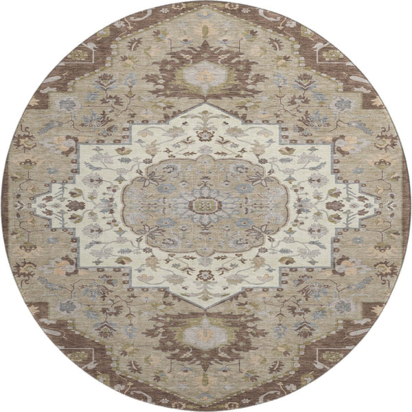 HomeRoots 8' Round Chocolate Ivory Taupe Oriental Washable Rug - Durable, Stain-Resistant, UV Protected Elegance 677756