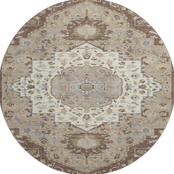 HomeRoots 8' Round Chocolate Ivory Taupe Oriental Washable Rug - Durable, Stain-Resistant, UV Protected Elegance 677756