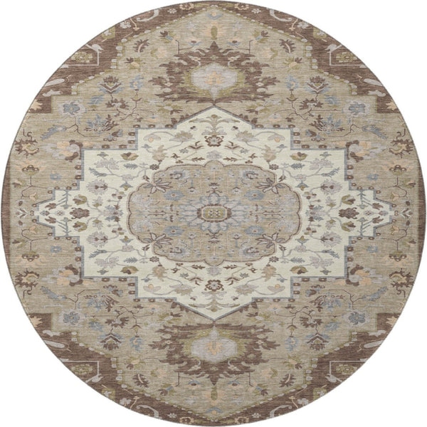 HomeRoots 8' Round Chocolate Ivory Taupe Oriental Washable Rug - Durable, Stain-Resistant, UV Protected Elegance 677756