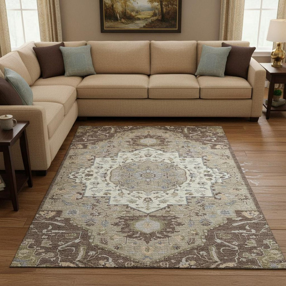 HomeRoots 8' X 10' Elegant Chocolate Ivory Taupe Oriental Washable Area Rug with UV Protection & Stain Resistance 677757