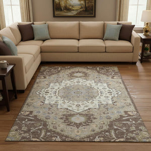 HomeRoots 8' X 10' Elegant Chocolate Ivory Taupe Oriental Washable Area Rug with UV Protection & Stain Resistance 677757