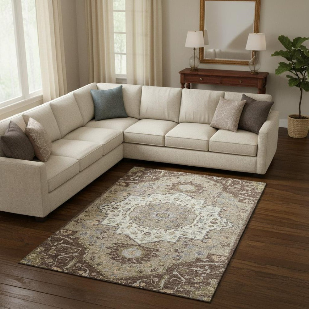 HomeRoots 9' X 12' Elegant Chocolate, Ivory & Taupe Oriental Area Rug – Washable with UV Protection & Durability 677758