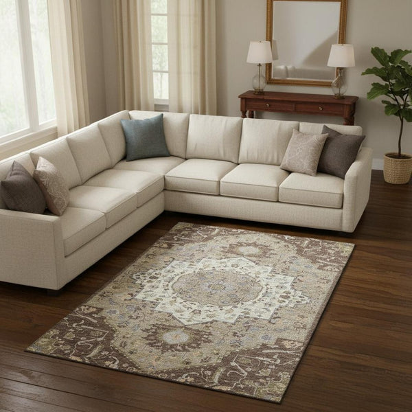 HomeRoots 9' X 12' Elegant Chocolate, Ivory & Taupe Oriental Area Rug – Washable with UV Protection & Durability 677758