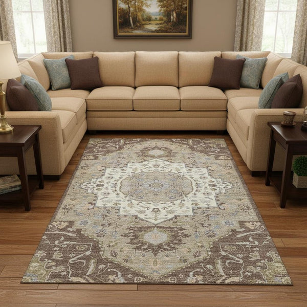 HomeRoots 10' Chocolate Ivory & Taupe Oriental Washable Area Rug – Durable, UV-Protected, Family-Friendly Design! 677759
