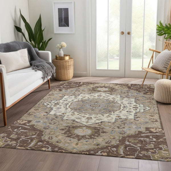 HomeRoots 10' Chocolate Ivory & Taupe Oriental Washable Area Rug – Durable, UV-Protected, Family-Friendly Design! 677759