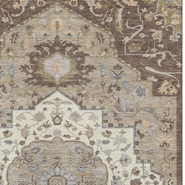 HomeRoots 10' Chocolate Ivory & Taupe Oriental Washable Area Rug – Durable, UV-Protected, Family-Friendly Design! 677759