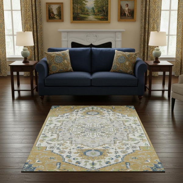 HomeRoots 5' X 8' Gold Ivory Blue Oriental Washable Area Rug - Durable, Stylish, UV-Protected & Easy Care 677761