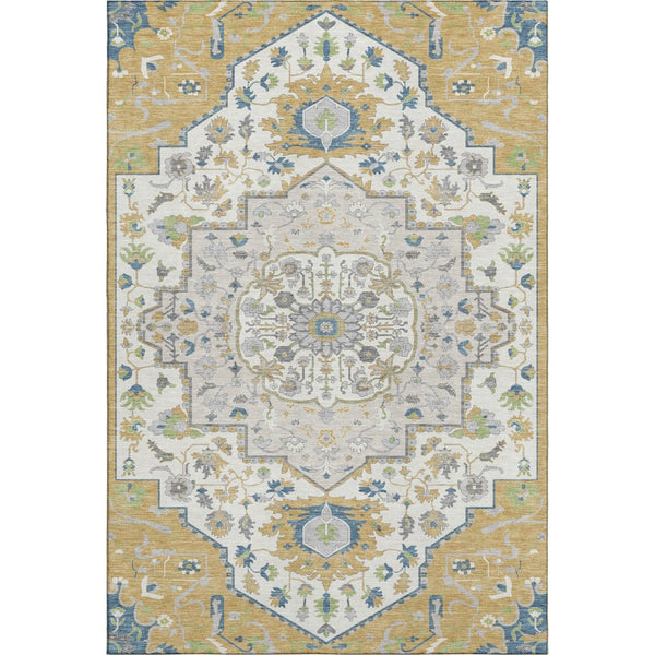 HomeRoots 5' X 8' Gold Ivory Blue Oriental Washable Area Rug - Durable, Stylish, UV-Protected & Easy Care 677761