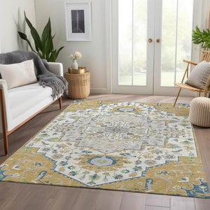HomeRoots 5' X 8' Gold Ivory Blue Oriental Washable Area Rug - Durable, Stylish, UV-Protected & Easy Care 677761