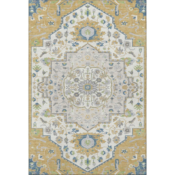 HomeRoots 5' X 8' Gold Ivory Blue Oriental Washable Area Rug - Durable, Stylish, UV-Protected & Easy Care 677761