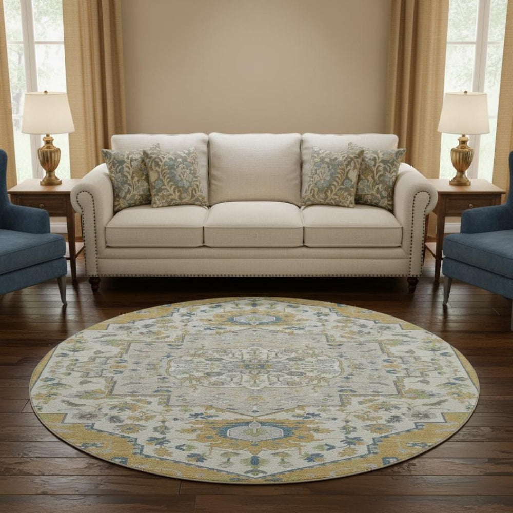 HomeRoots 8' Gold Ivory and Blue Washable Round Rug with UV Protection - Elegant, Durable, and Stain-Resistant! 677762