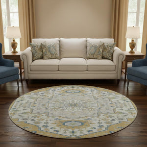 HomeRoots 8' Gold Ivory and Blue Washable Round Rug with UV Protection - Elegant, Durable, and Stain-Resistant! 677762