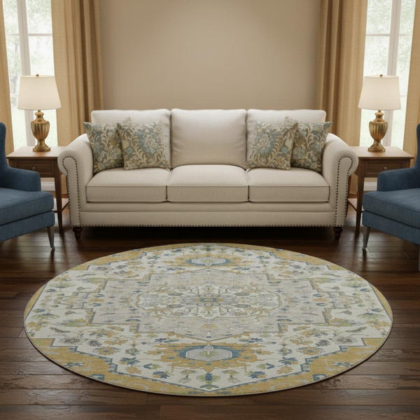 HomeRoots 8' Gold Ivory and Blue Washable Round Rug with UV Protection - Elegant, Durable, and Stain-Resistant! 677762