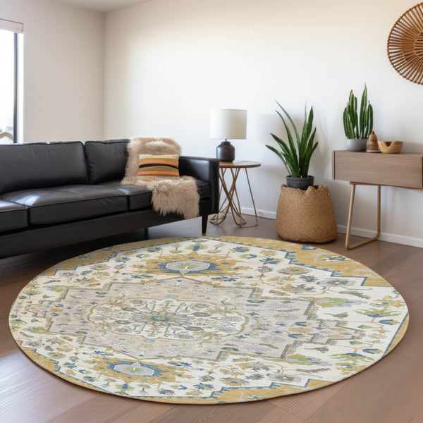 HomeRoots 8' Gold Ivory and Blue Washable Round Rug with UV Protection - Elegant, Durable, and Stain-Resistant! 677762