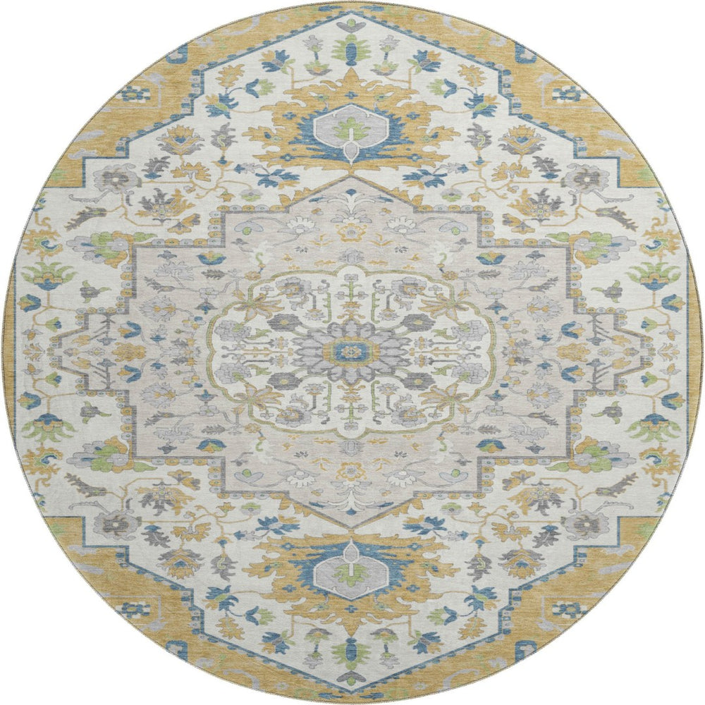 HomeRoots 8' Gold Ivory and Blue Washable Round Rug with UV Protection - Elegant, Durable, and Stain-Resistant! 677762
